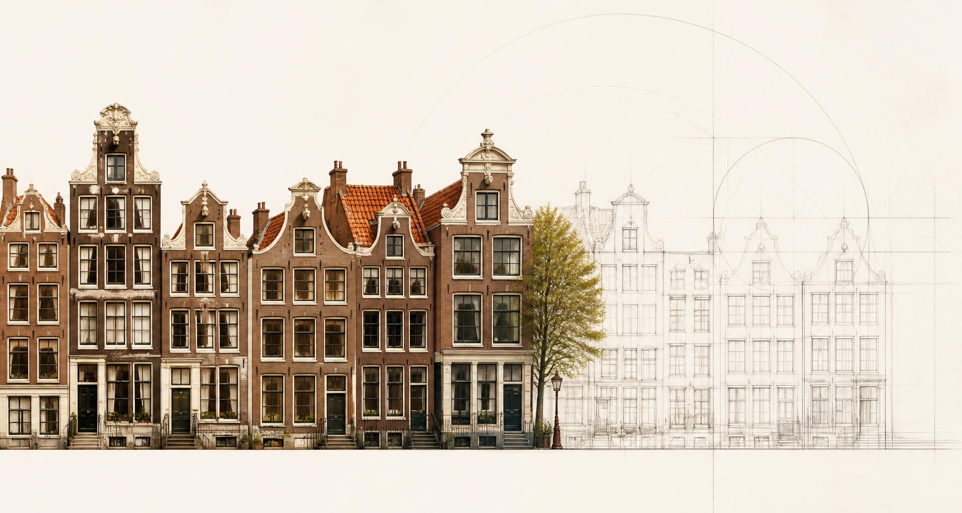 Illustration of a row of Amsterdam canal houses fading into architectural line sketch